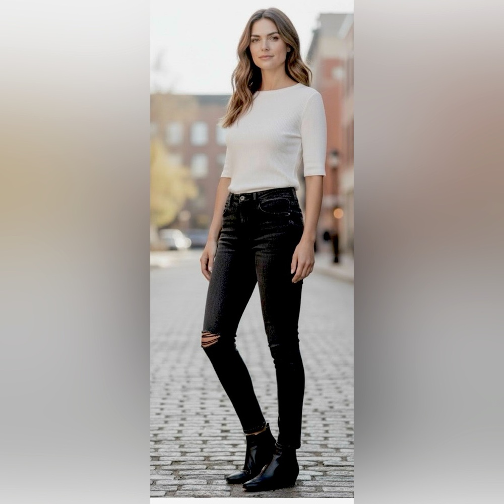 Reformation Black Destructed Knee Jeans Skinny Fit High Waisted Stretchy Size 27
